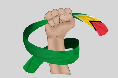 Üç boyutlu illüstrasyon. El ele tutuşan Guyana bayrağı kumaş bir kurdele arka planda.