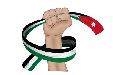 Üç boyutlu illüstrasyon. Jordan 'ın el ele tutuşan bayrakları kumaş şeritli arka planda.