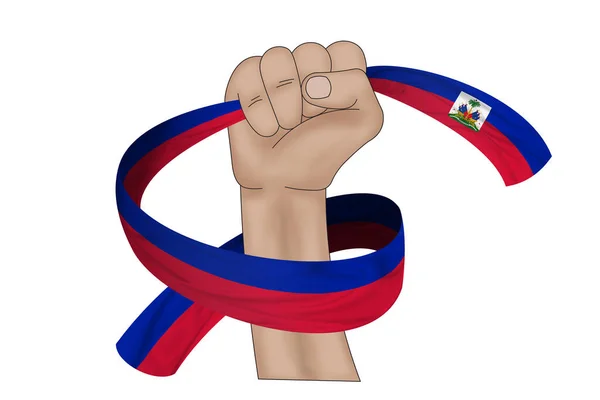 Ілюстрація Рука Тримає Прапор Гаїті Тканинному Фоні Стрічки — стокове фото
