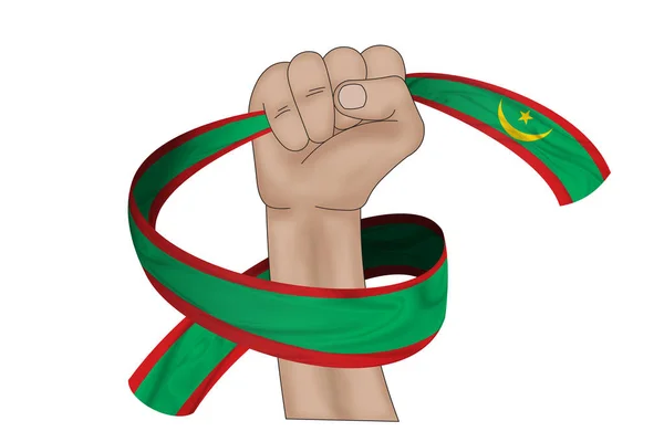 Illusztráció Kézfogás Zászló Mauritánia Egy Szövet Szalag Háttér — Stock Fotó