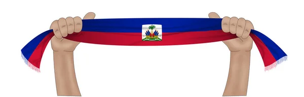 Ilustrace Ruční Držení Vlajky Haiti Látkové Stuze Pozadí — Stock fotografie