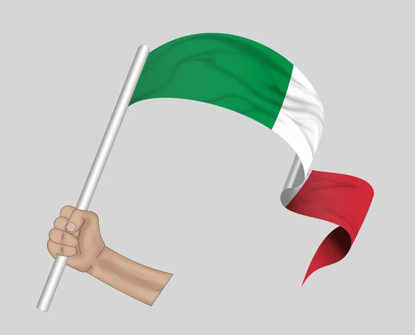 Ilustracja Ręczne Trzymanie Flagi Włoch Tle Tasiemki Tkaninowej — Zdjęcie stockowe