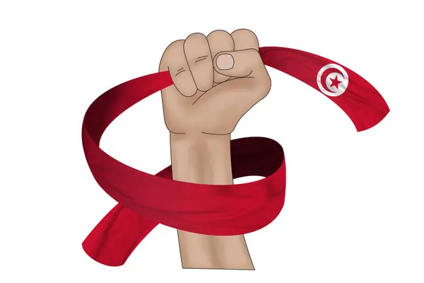 Illustration Hand Hält Flagge Von Tunesien Auf Einem Stoffband Hintergrund — Stockfoto