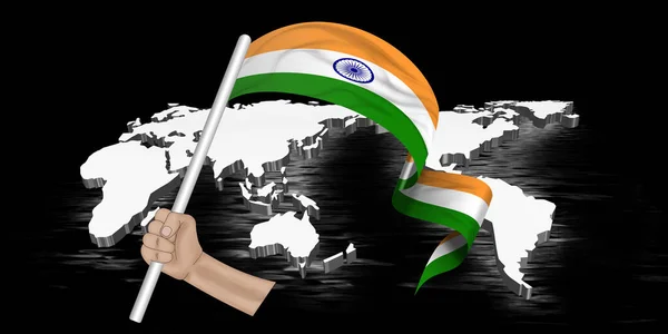 3D illustration. Hand holding flag of India on a fabric ribbon of the world on black background.