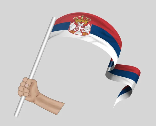 Illustratie Hand Houden Vlag Van Servië Een Stof Lint Achtergrond — Stockfoto