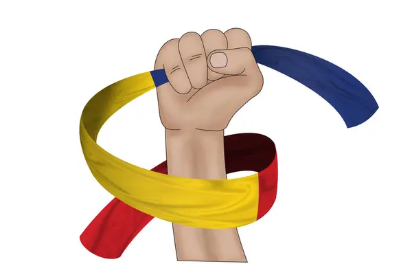 3Dイラスト 生地のリボンの背景にルーマニアの旗を保持する手 — ストック写真