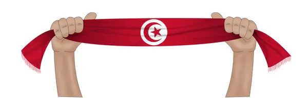 Ілюстрація Рука Тримає Прапор Тунісу Тканинному Фоні Стрічки — стокове фото