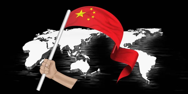 3D插图 用黑色背景把中国国旗挂在世界织物丝带上 — 图库照片