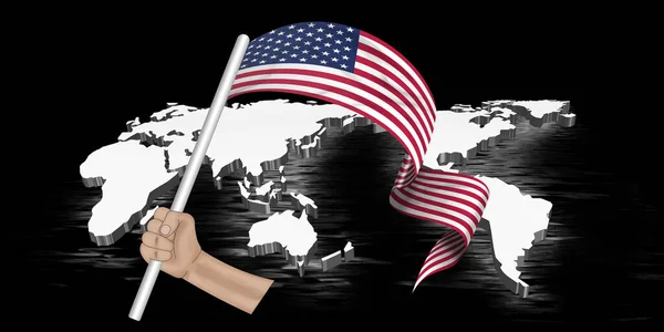 3D illustration. Hand holding flag of USA on a fabric ribbon of the world on black background.