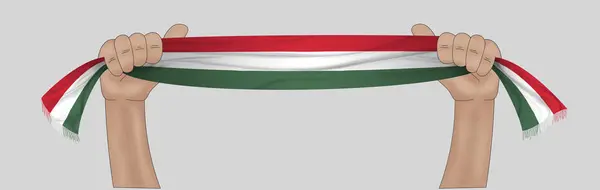 Ilustracja Ręczne Trzymanie Flagi Węgier Tle Tasiemki Tkaninowej — Zdjęcie stockowe