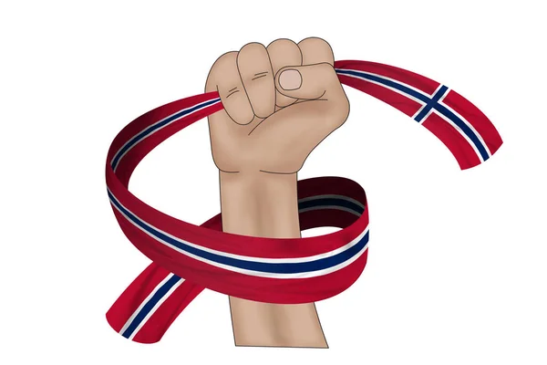 Ілюстрація Рука Тримає Прапор Норвегії Тканинному Фоні Стрічки — стокове фото