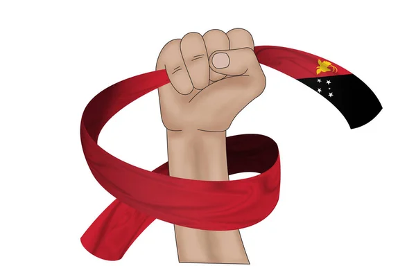 Ілюстрація Рука Тримає Прапор Папуа Нової Гвінеї Тканинному Фоні Стрічки — стокове фото
