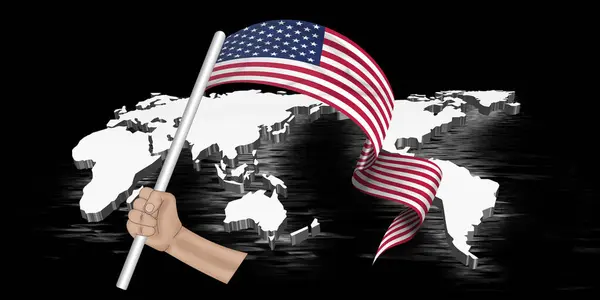 Illustration Hand Holding Flag Usa Fabric Ribbon World Black Background — Stock Photo, Image