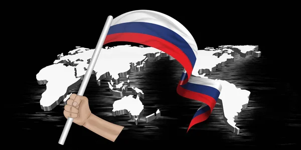 3D illustration. Hand holding flag of Russia on a fabric ribbon of the world on black background.