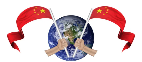 3D插图 手握中国国旗 系在具有世界背景的织物丝带上 — 图库照片