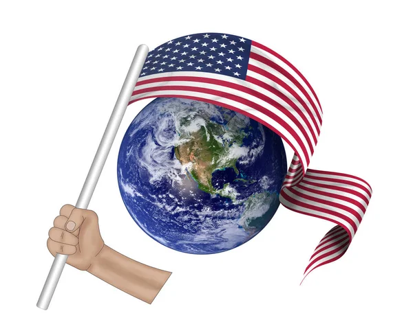 Illustration Hand Holding Flag Usa Fabric Ribbon World Background — Stock Photo, Image