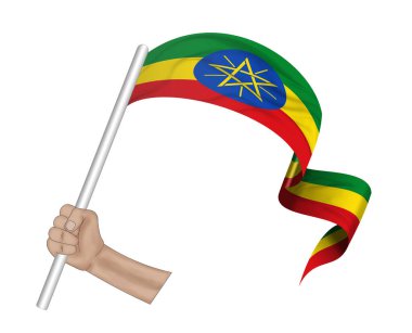 Üç boyutlu illüstrasyon. Etiyopya 'nın el ele tutuşma bayrağı kumaş kurdele arka planda.