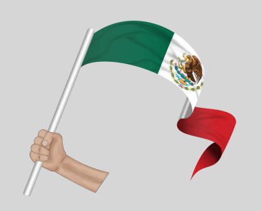 Üç boyutlu illüstrasyon. El ele tutuşan Meksika bayrağı kumaş kurdele arka planda.