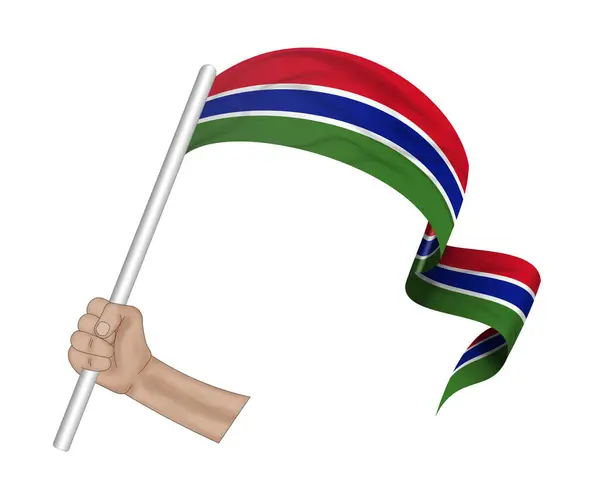 Illustrazione Mano Che Tiene Bandiera Del Gambia Uno Sfondo Nastro — Foto Stock