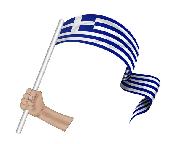 Ilustrace Ruční Držení Vlajky Řecka Látkové Stuze Pozadí — Stock fotografie
