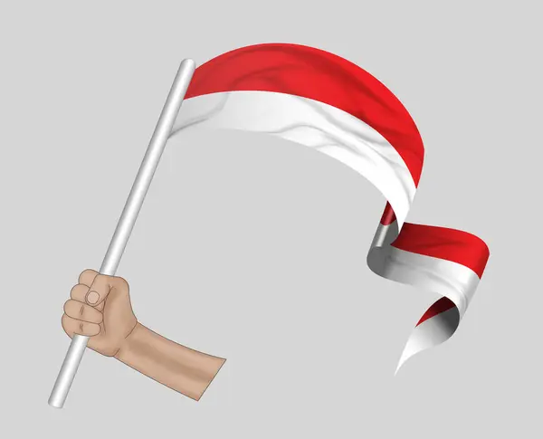 Ilustrasi Bendera Pegangan Tangan Indonesia Pada Latar Belakang Pita Kain — Stok Foto