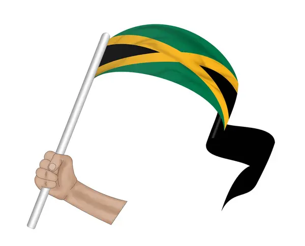 Illustration Hand Hält Flagge Von Jamaika Auf Einem Stoffband Hintergrund — Stockfoto