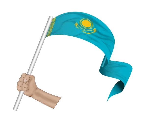 3D插图 在面料丝带背景上手持哈萨克斯坦国旗 — 图库照片