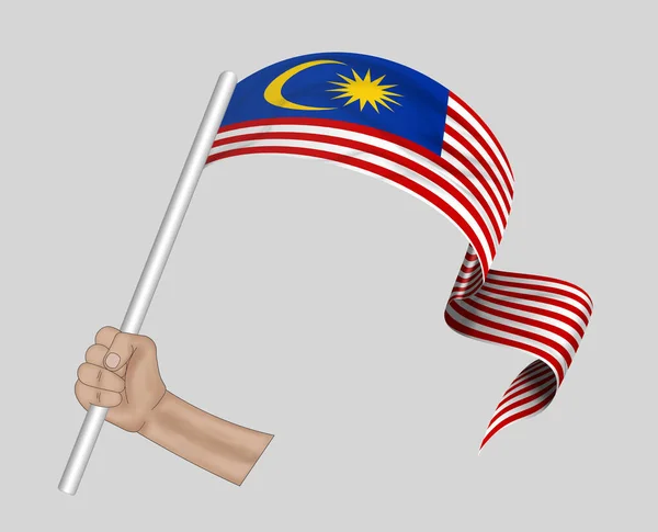 3Dイラスト 生地のリボンの背景にマレーシアの旗を保持する手 — ストック写真