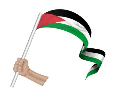 Üç boyutlu illüstrasyon. El ele tutuşan Filistin bayrağı kumaş bir şeritte.