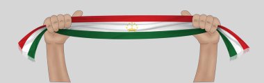Üç boyutlu illüstrasyon. El ele tutuşan Tacikistan bayrağı kumaş şeritli arka planda.
