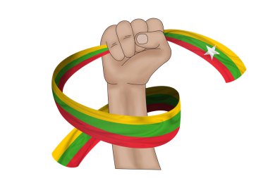 Üç boyutlu illüstrasyon. Kumaş bir arka planda Myanmar 'ın el ele tutuşan bayrağı.
