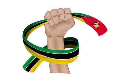 Üç boyutlu illüstrasyon. Mozambik 'in el ele tutuşan bayrağı kumaş kurdele arka planda..