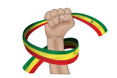 Üç boyutlu illüstrasyon. Senegal 'in el ele tutuşan bayrakları kumaş şeritli arka planda.