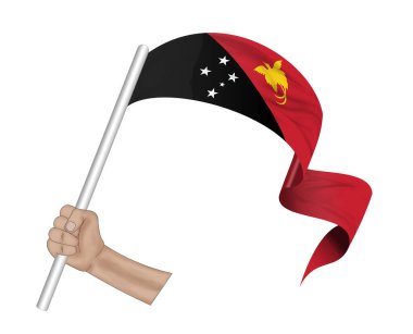 Üç boyutlu illüstrasyon. El ele tutuşan Papua Yeni Gine bayrağı kumaş arkaplanda.