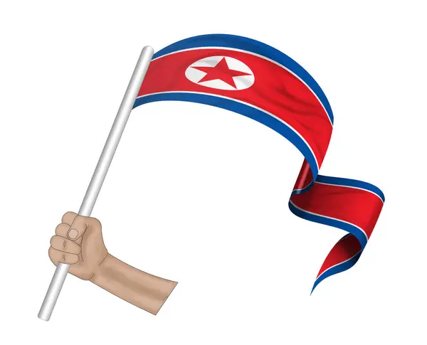 3Dイラスト 生地のリボンの背景に北朝鮮の旗を保持する手 — ストック写真
