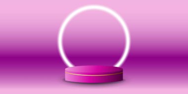 Podyumla aynı renk arka planda beyaz neon ışıklı podyum görüntüsü. Modern stüdyo, duvar sahnesi, ödül töreni için podyum sahnesi. 3B görüntüleme.