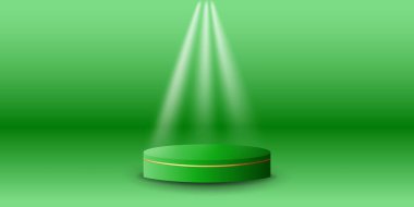 Podyumla aynı renk arka planda beyaz spot ışıkları sergileniyor. Modern stüdyo, duvar sahnesi, ödül töreni için podyum sahnesi. 3B görüntüleme.