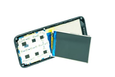 Açıklama: Parçalanmış eski telefon iç bileşenleri ortaya çıkarıyor, teknolojinin sergilenmesi karmaşık tasarım. Teknoloji meraklıları ve eğitim amaçları için ideal.