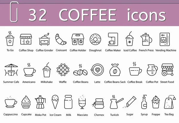 Kávé Ikonok Készlet Vektor Lapos Fekete Körvonalú Illusztrációja Kávé Kávézó — Stock Vector