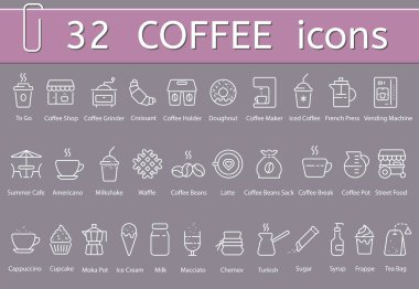 Kahve simgeleri seti, vektör düz beyaz kahve ve kafe simgelerinin çizimi