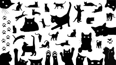 Farklı pozlarda kedi siluetleri, kedi patileri ve pati izleri, vektör kesme dosyaları