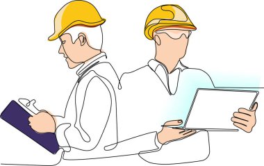 İnşaat müdürü ve mühendisi inşaat alanında çalışıyor. Vektör illüstrasyonu