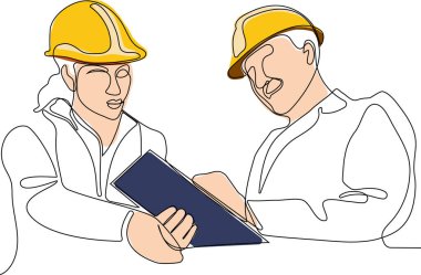 İnşaat müdürü ve mühendisi inşaat alanında çalışıyor. Vektör illüstrasyonu