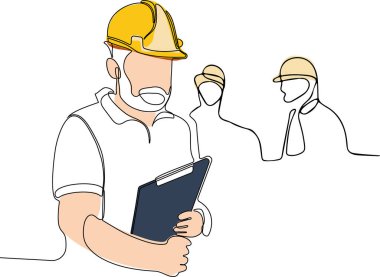 İnşaat müdürü ve mühendisi inşaat alanında çalışıyor. Vektör illüstrasyonu