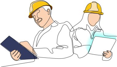 İnşaat müdürü ve mühendisi inşaat alanında çalışıyor. Vektör illüstrasyonu