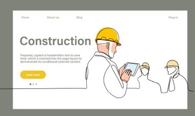 Mimarinin taşıyıcı iniş sayfası makine endüstriyel fabrikasında güvenlik için koruyucu yüz maskeleriyle çalışıyor. Minimum dizaynınız için sürekli bir çizgi çizimi