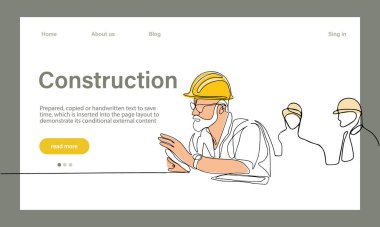 Mimarinin taşıyıcı iniş sayfası makine endüstriyel fabrikasında güvenlik için koruyucu yüz maskeleriyle çalışıyor. Minimum dizaynınız için sürekli bir çizgi çizimi