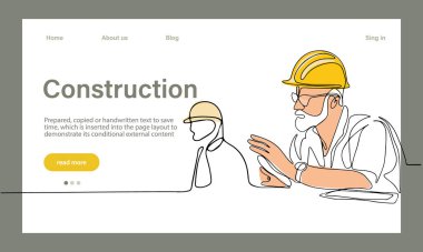 Mimarinin taşıyıcı iniş sayfası makine endüstriyel fabrikasında güvenlik için koruyucu yüz maskeleriyle çalışıyor. Minimum dizaynınız için sürekli bir çizgi çizimi