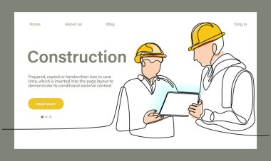 Vector landing page of architecture works with protective face masks for safety in machine industrial factory. Continuous one line drawing for your minimal design