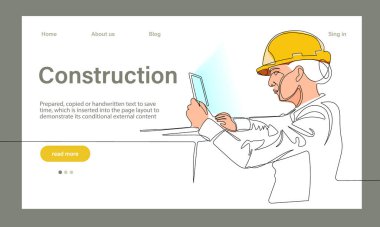 Mimarinin taşıyıcı iniş sayfası makine endüstriyel fabrikasında güvenlik için koruyucu yüz maskeleriyle çalışıyor. Minimum dizaynınız için sürekli bir çizgi çizimi